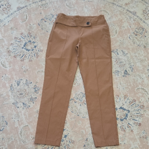 Joseph Ribkoff Pants - Joseph Ribkoff Tan Stretch PullOn Pant Button Trim Taper Leg Stitched Crease 12